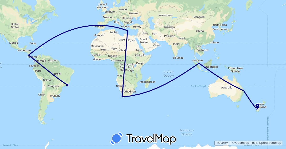 TravelMap itinerary: driving in Australia, Brazil, Costa Rica, Greece, New Zealand, Singapore, South Africa (Africa, Asia, Europe, North America, Oceania, South America)